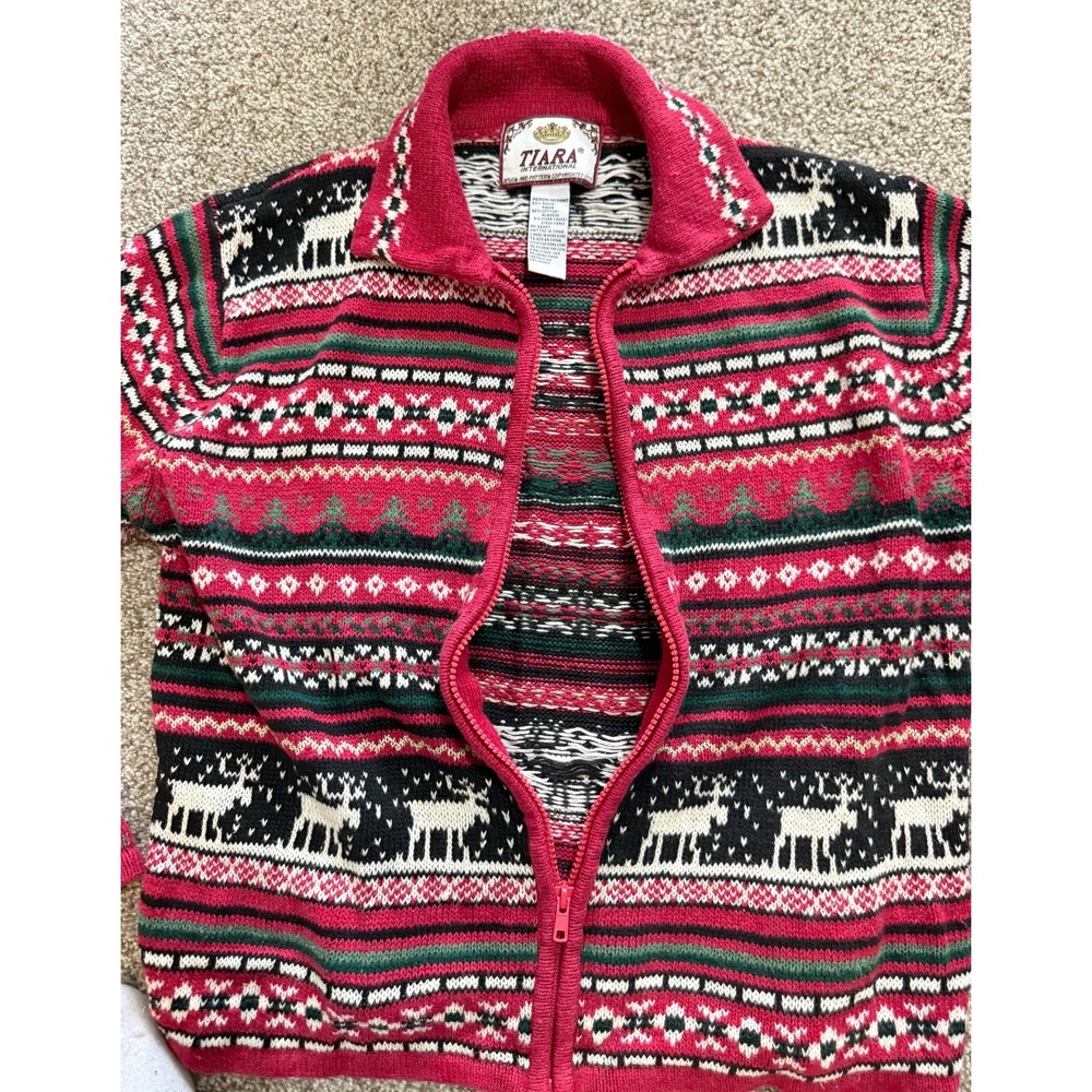 CHRISTMAS VINTAGE Y2K FULL ZIP SWEATER TIARA INTERNATIONAL RED MOOSE MEDIUM